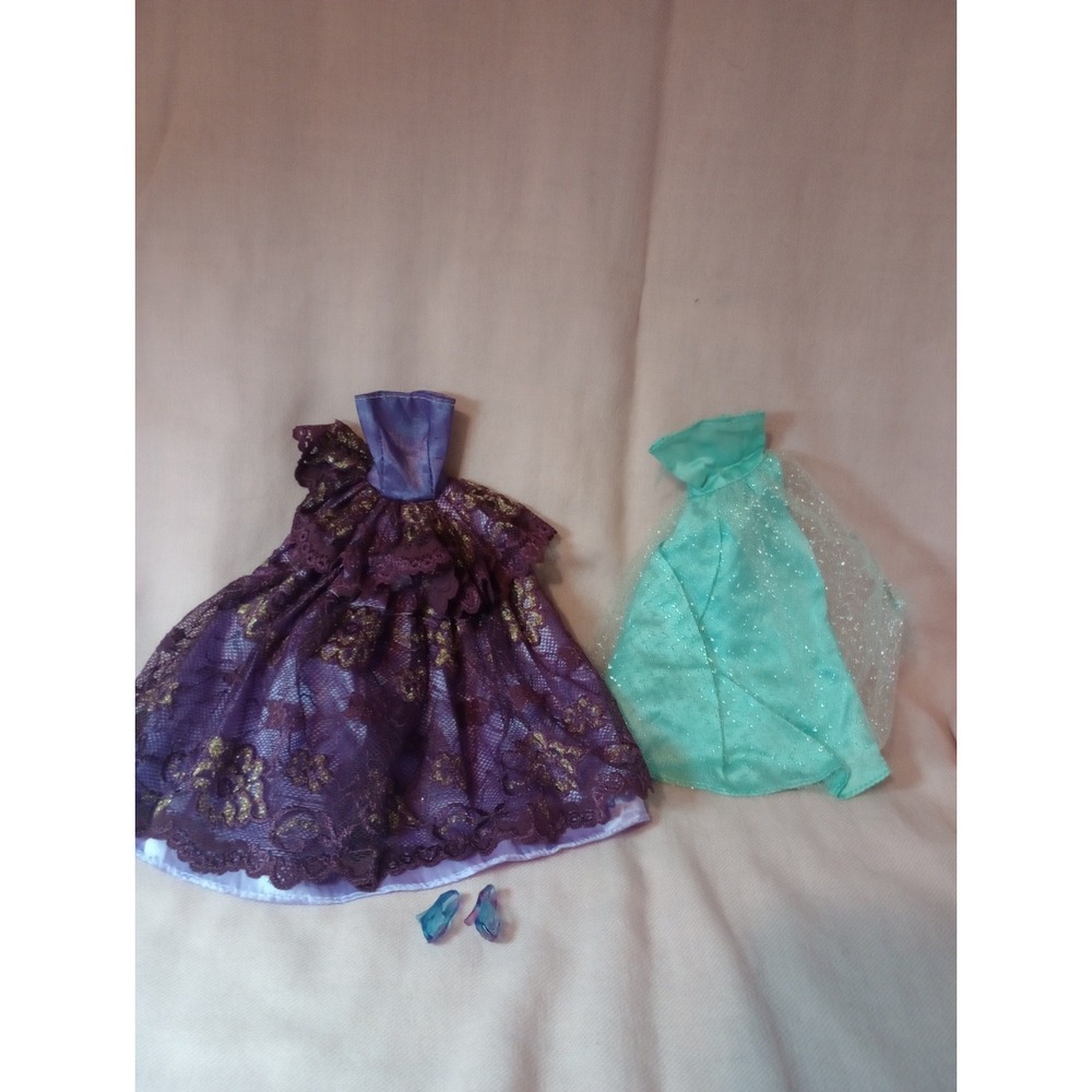 Barbie Doll Clothes Lot 2 Formal Gowns Purple Lace Aqua Glitter Dress Shoes